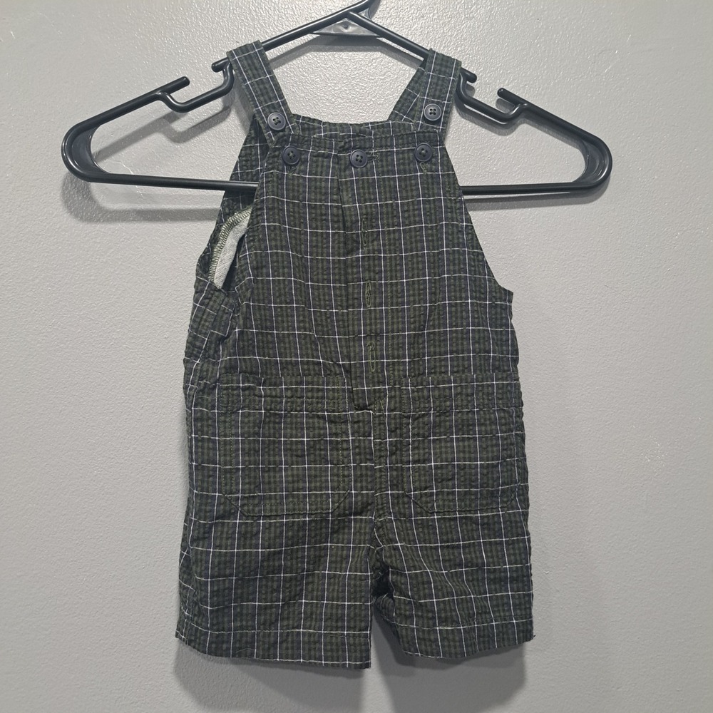 VTG Baby Cotton‎ Seersucker Plaid Overalls Green Navy 3-6 Months Shortalls